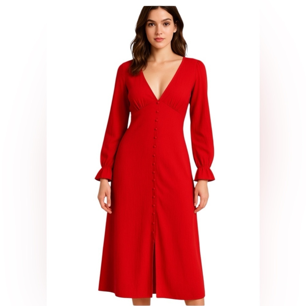 ASOS Red Long Sleeve Button-Front Midi Dress